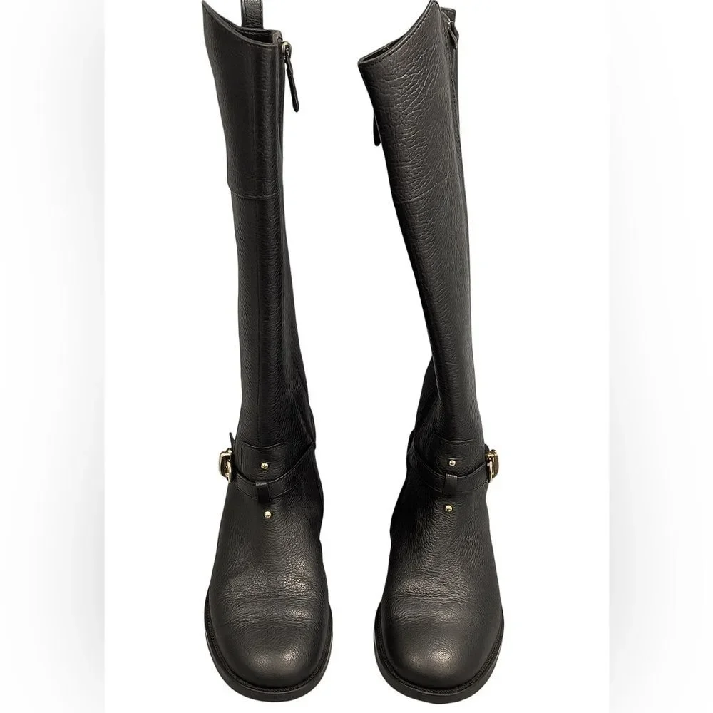 Tory Burch Boot Riding Black Pebbled Leather Logo Tall Buckle Knee Marlene 7.5